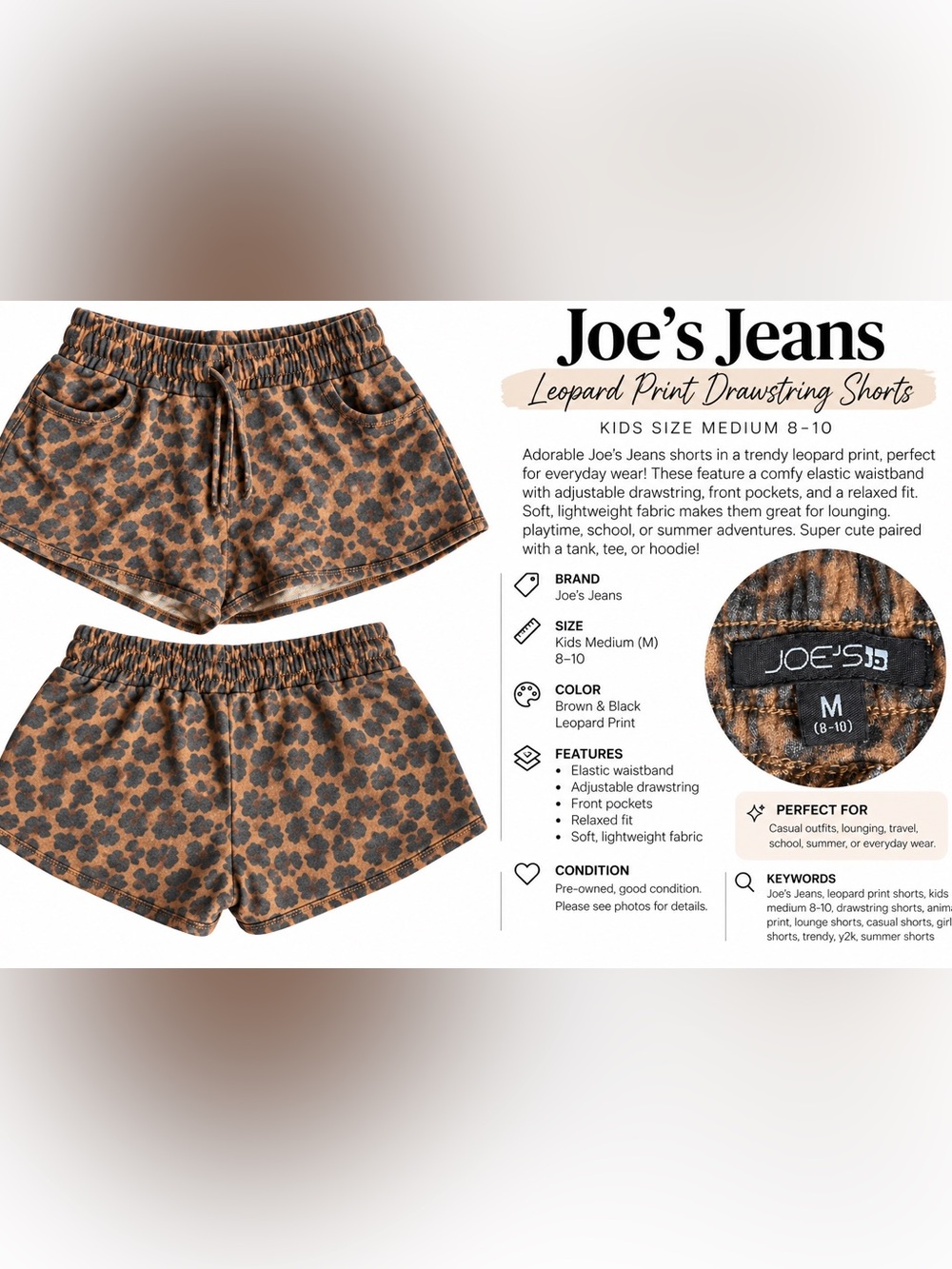 Joe’s Jeans Leopard Print Drawstring Shorts kids M 8-10Animal Print Y2K